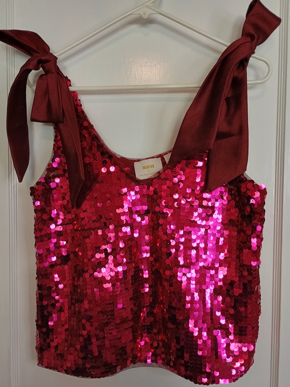 Maeve Anthropologie Pink Red Sequin Bow Strap Tank Top Medium Party Holiday - Picture 3 of 7